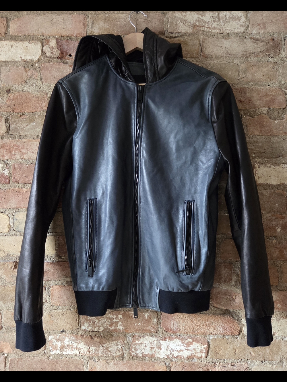 ARI SOHO Colour Block Black /Blue Nappa Leather Hooded Bomber Jacket